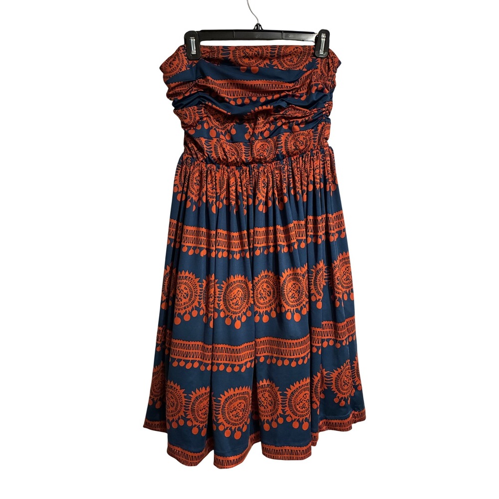 Girls from Savoy Anthropologie Navy Orange Sunburst Strapless Midi Dress Small